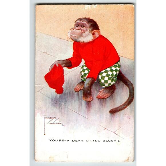 Dressed Monkey Chimp Postcard Larson Wood Signed Fantasy Anthropomorphic Unused - Picture 1 of 2